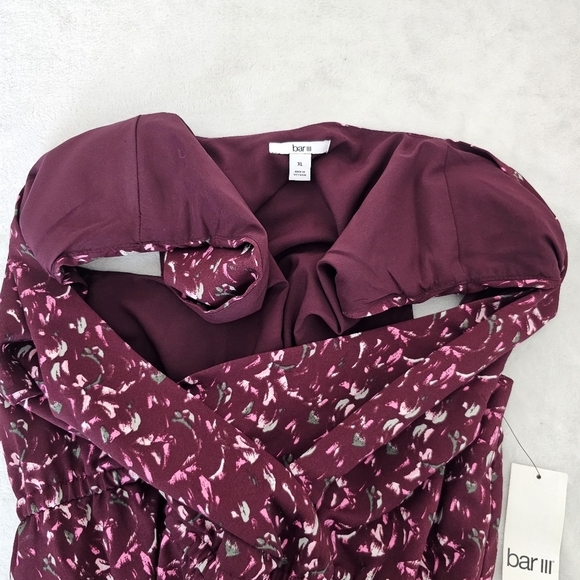 Bar III Burgundy Floral V-Neck Mini Dress XL Draped Skirt Sleeveless - Picture 7 of 15
